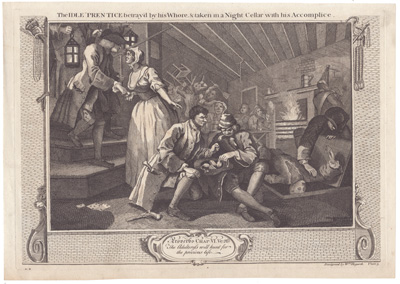Industry and Idleness
(Plate 9)
The Idle 'Prentice betray'd by his Whore & taken in a Night Cellar with his Accomplice